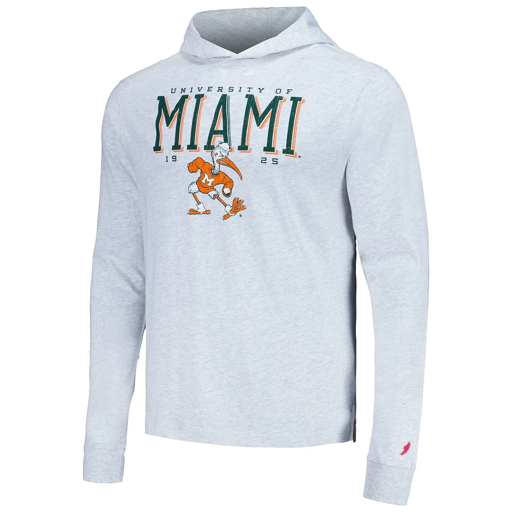 T-shirt à capuche manches longues pour hommes League Collegiate Wear Ash Miami Hurricanes Team Stack Tumble