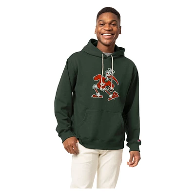 Men's League Collegiate Wear Dark Green Miami Hurricanes Vintage Logo Essential Fleece 2.0 Pullover Hoodie