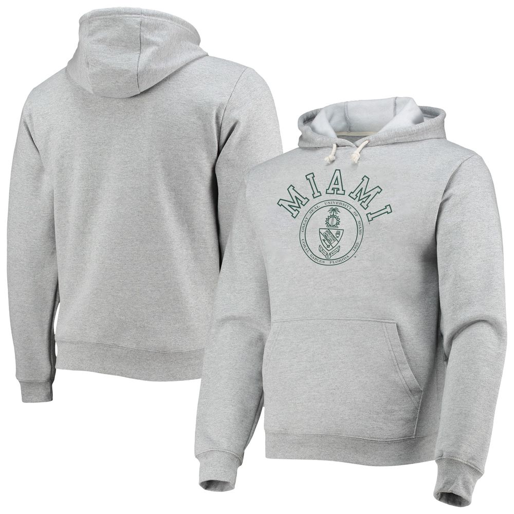 Men's League Collegiate Wear Heathered Gray Miami Hurricanes Seal Neuvo Essential Fleece Pullover Hoodie