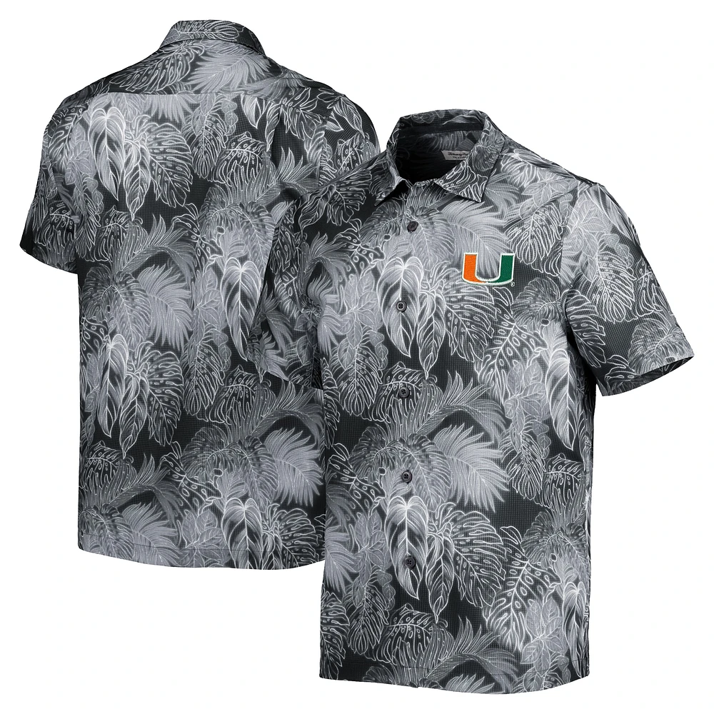 Men's Tommy Bahama Black Miami Hurricanes Coast Luminescent Fronds IslandZone Button-Up Camp Shirt