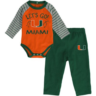 Newborn & Infant Orange/Green Miami Hurricanes Touchdown 2.0 Raglan Long Sleeve Bodysuit Pants Set