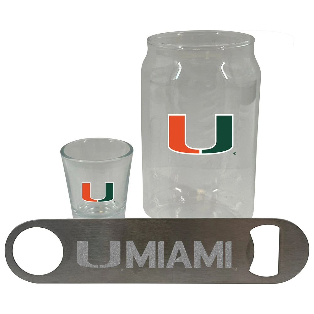 Ensemble de trois verres à bière Miami Hurricanes de The Memory Company, verre à liqueur de 2 oz et décapsuleur