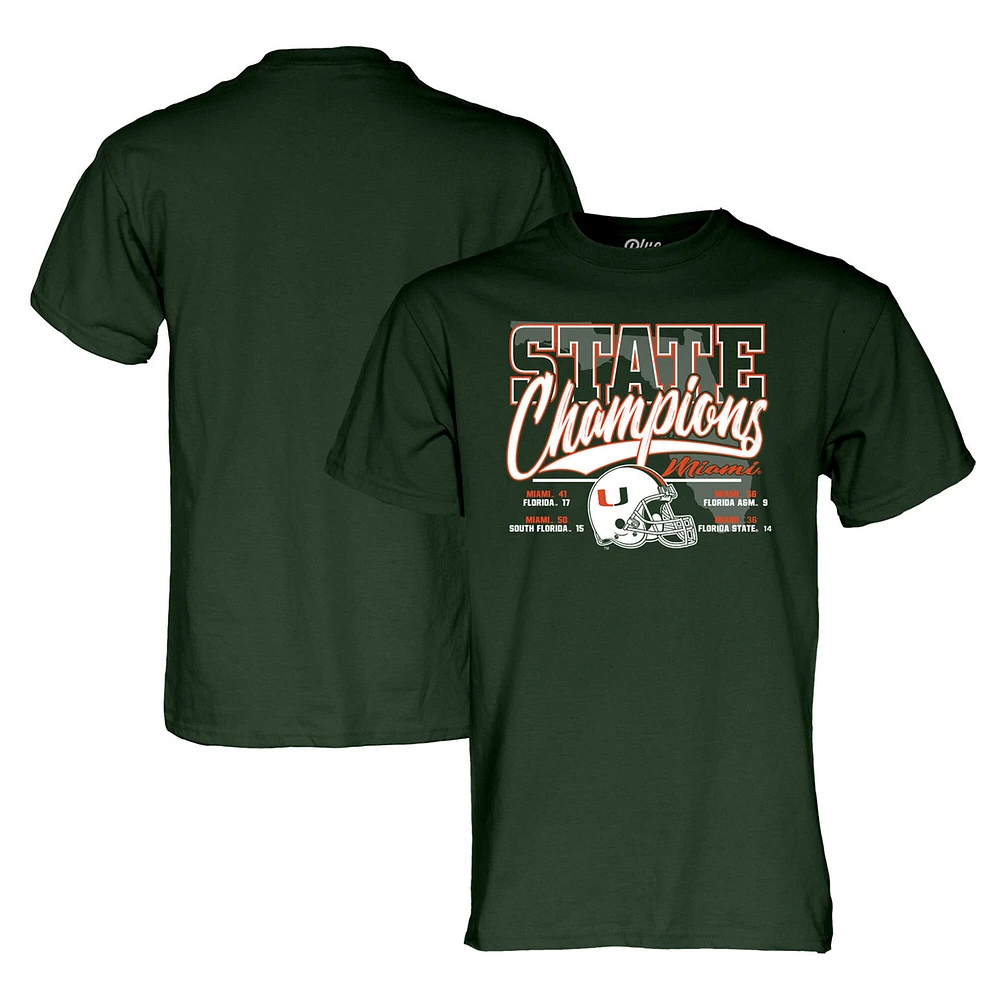 T-shirt unisexe bleu 84 vert Miami Hurricanes 2024 State Champions Score