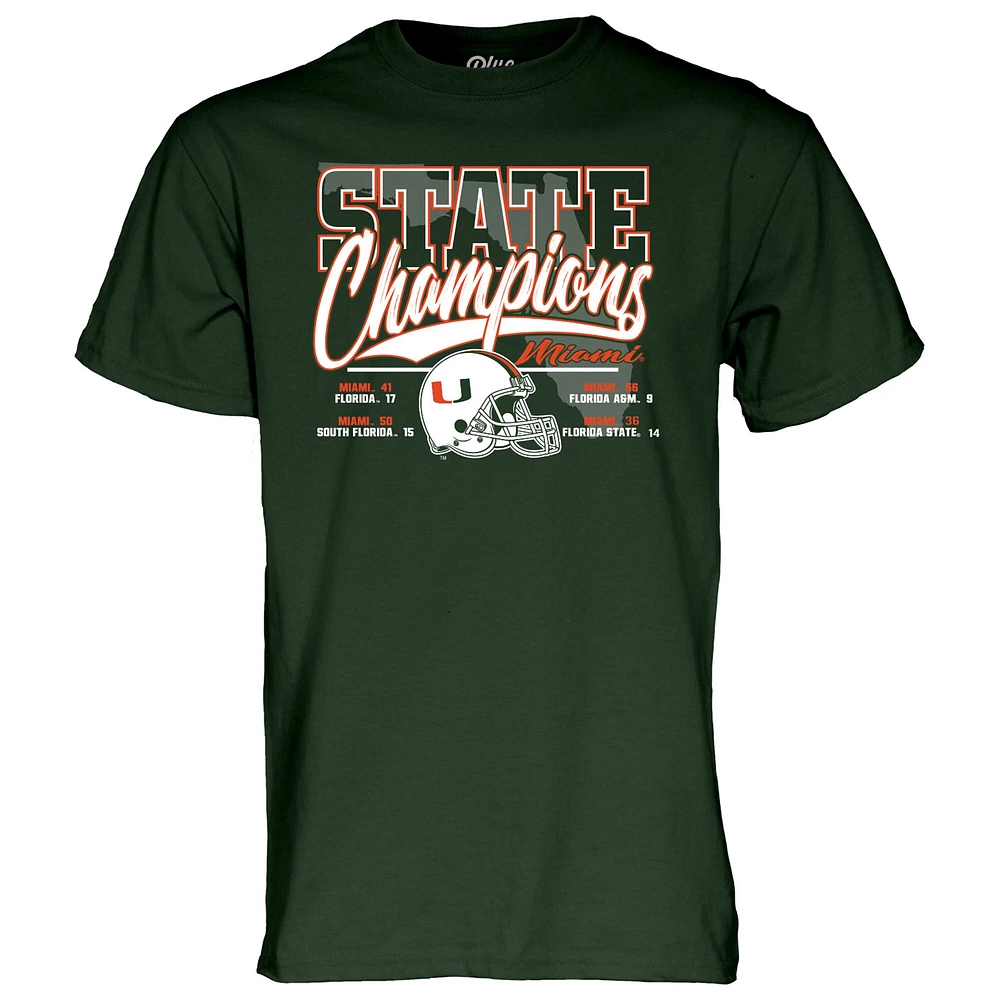 T-shirt unisexe bleu 84 vert Miami Hurricanes 2024 State Champions Score