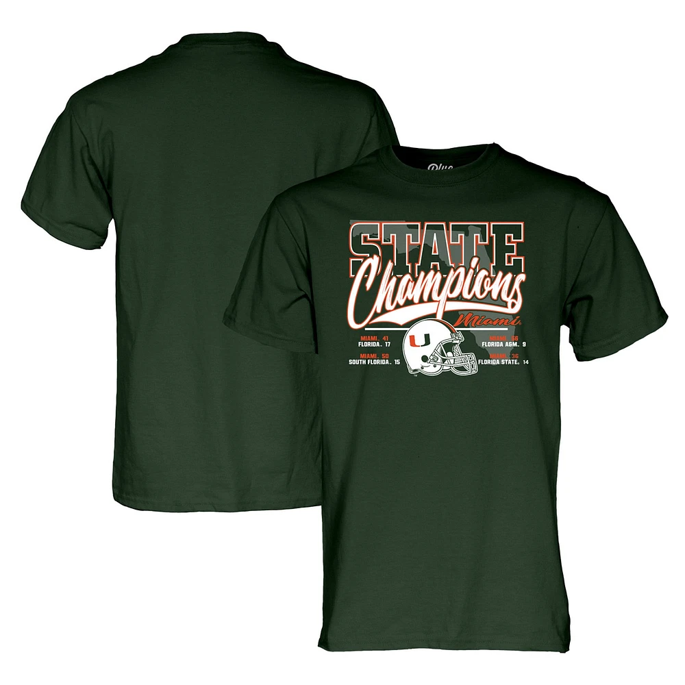 T-shirt unisexe bleu 84 vert Miami Hurricanes 2024 State Champions Score