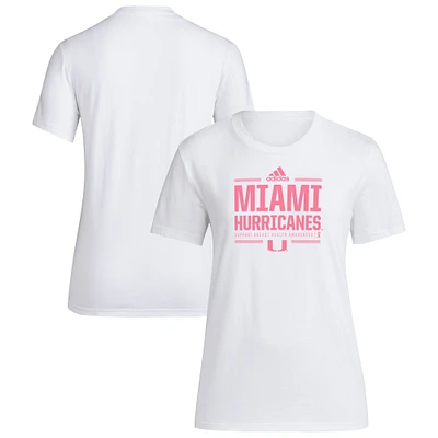 Women's adidas White Miami Hurricanes 2024 Breast Cancer Awareness Pregame T-Shirt