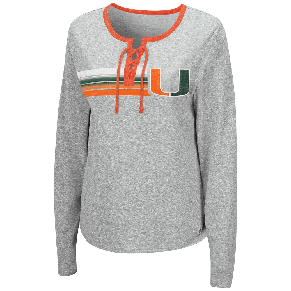 Women's Colosseum Heathered Gray Miami Hurricanes Sundial Tri-Blend Long Sleeve Lace-Up T-Shirt