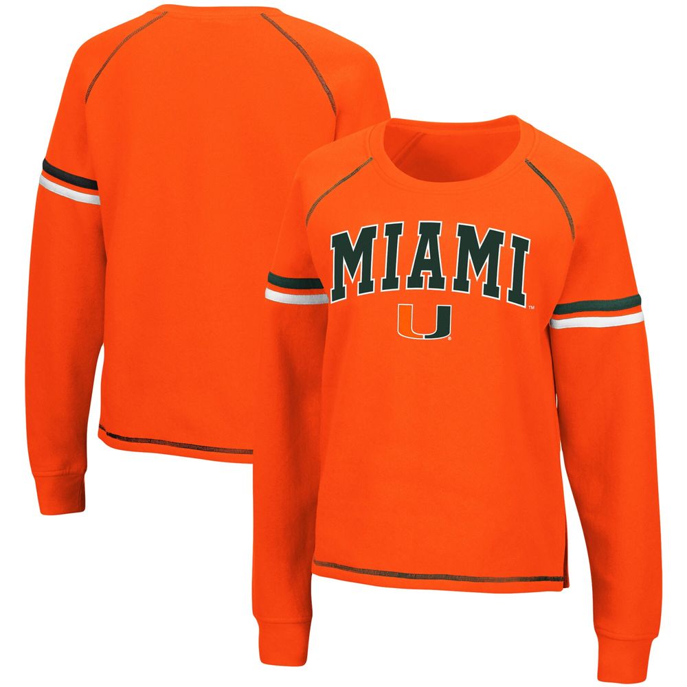 Women's Colosseum Orange Miami Hurricanes Sweep Pass Sleeve Stripe Raglan Pullover Sweatshirt