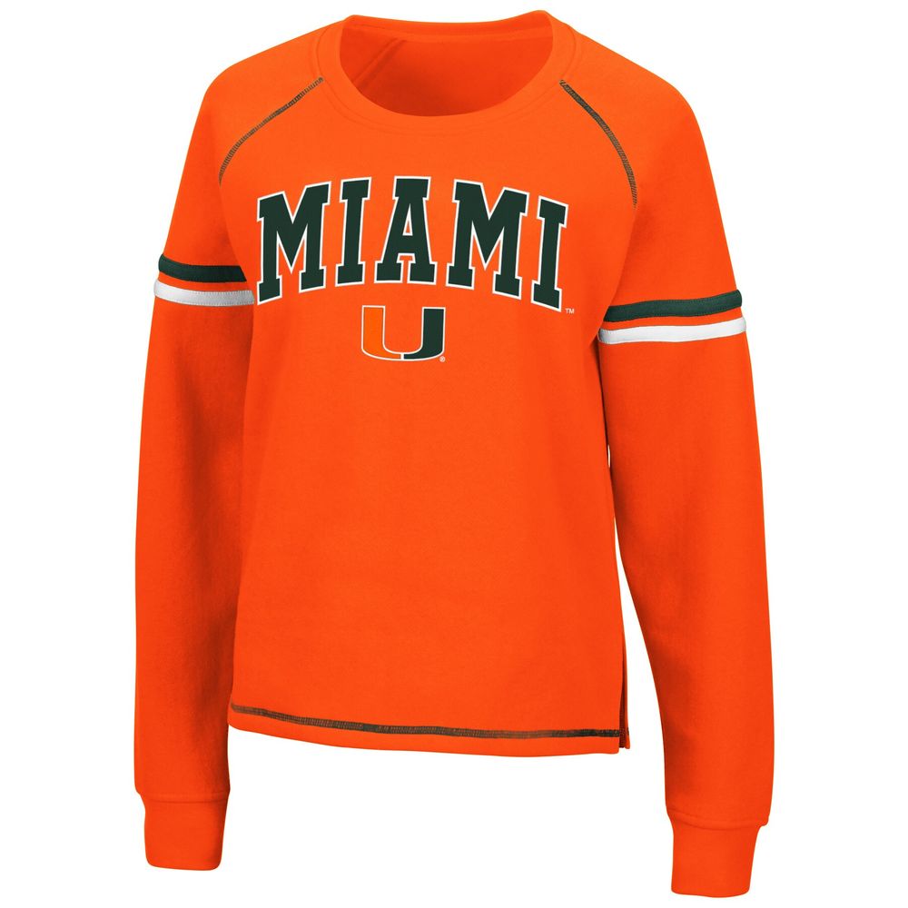 Women's Colosseum Orange Miami Hurricanes Sweep Pass Sleeve Stripe Raglan Pullover Sweatshirt