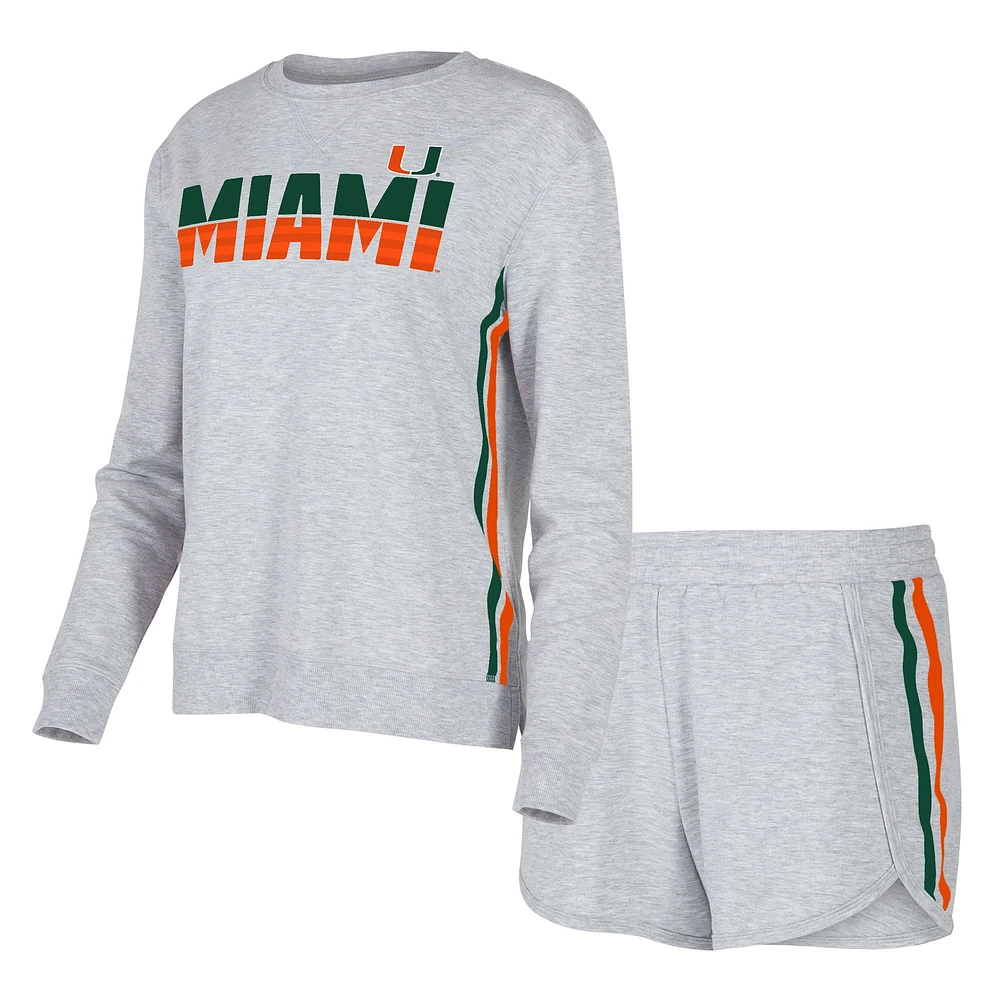 Women's Concepts Sport Gray Miami Hurricanes Cedar Tri-Blend Long Sleeve T-Shirt & Shorts Sleep Set