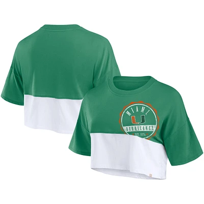 Women's Fanatics Green/White Miami Hurricanes Oversized Badge Colorblock Cropped T-Shirt