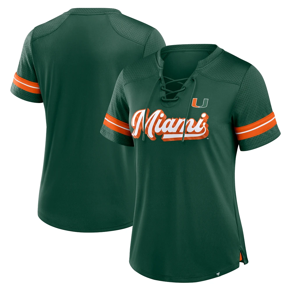 T-shirt à lacets et col en V Athena pour femme Fanatics Green Miami Hurricanes Fundamental Overtime Readiness