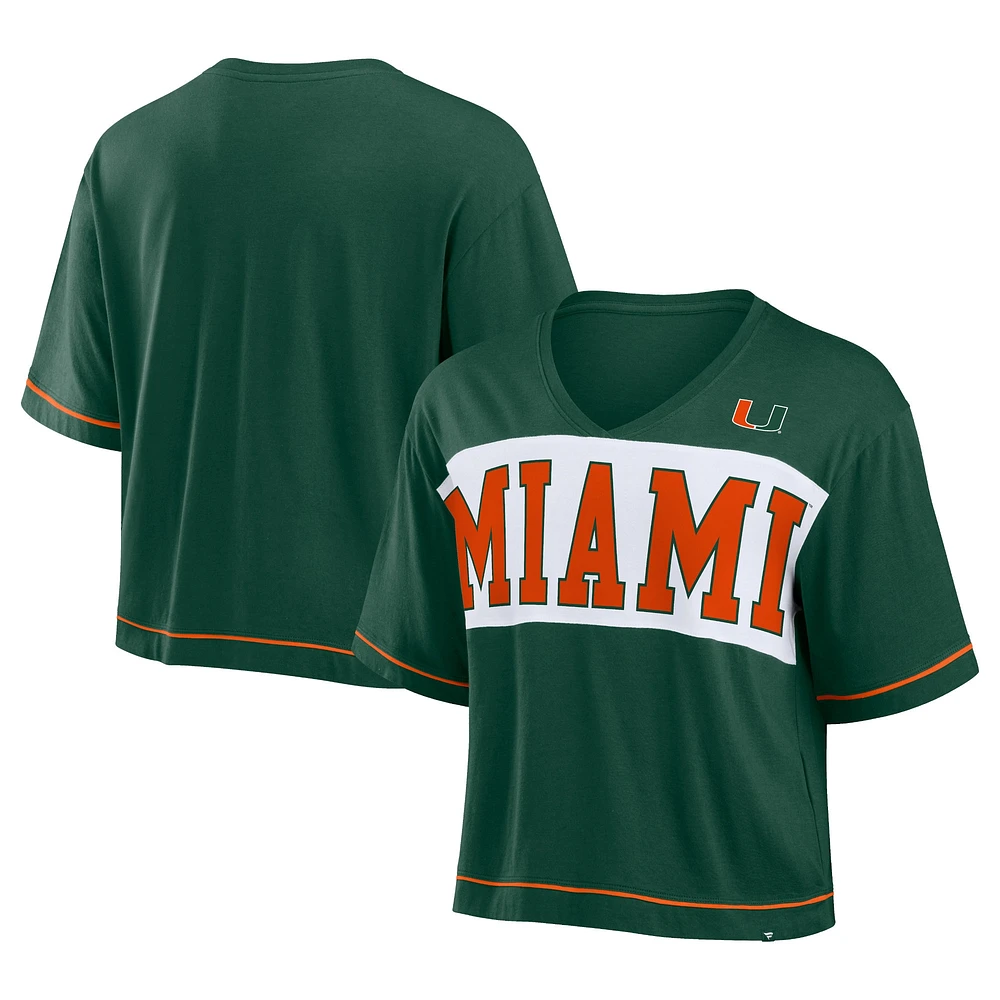 T-shirt court à col en V pour femme Fanatics Green Miami Hurricanes Home Team Bold Fashion Modeste