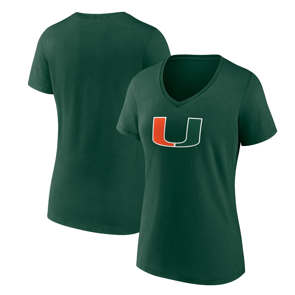 Women's Fanatics Green Miami Hurricanes Primary Logo V-Neck T-Shirt