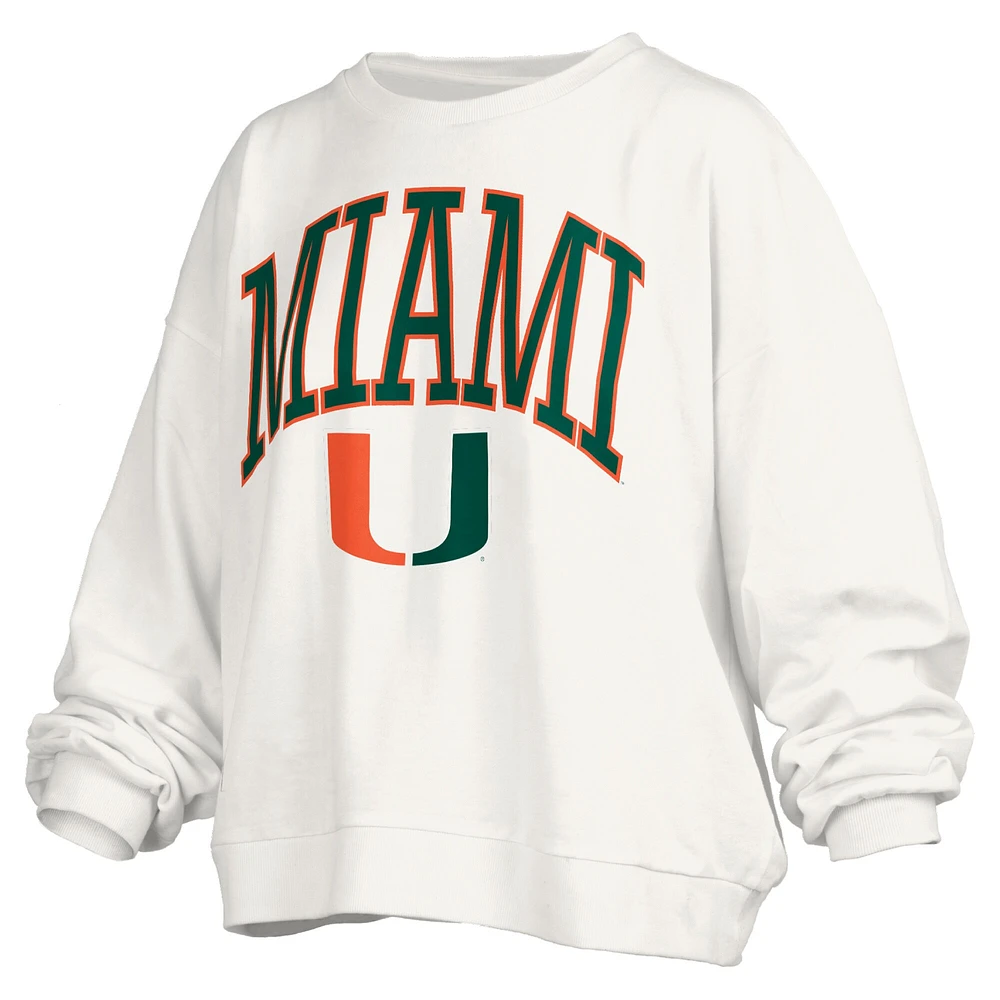Women's Pressbox White Miami Hurricanes Janise Arch Over Logo Waist Length Oversized Pullover Sweatshirt