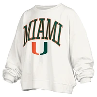 Women's Pressbox White Miami Hurricanes Janise Arch Over Logo Waist Length Oversized Pullover Sweatshirt