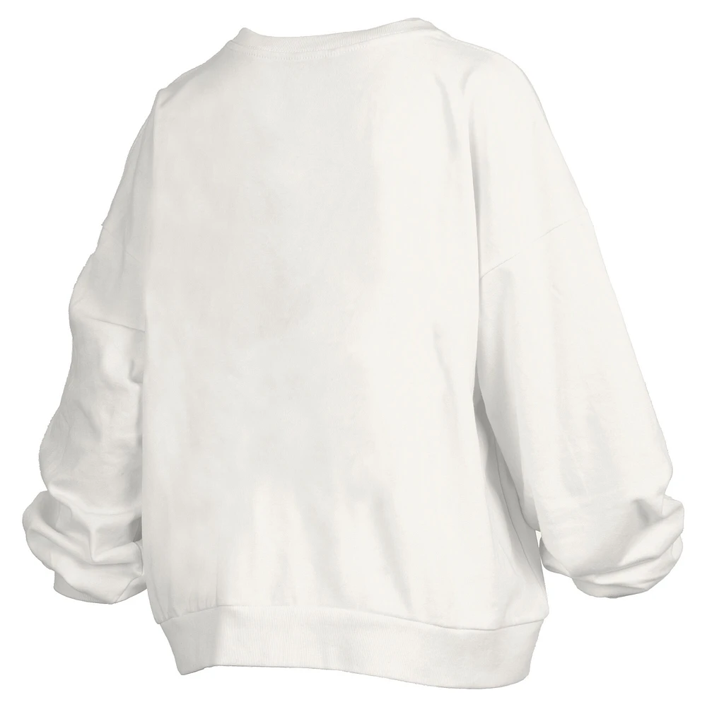 Women's Pressbox White Miami Hurricanes Janise Arch Over Logo Waist Length Oversized Pullover Sweatshirt