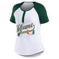 WEAR by Erin Andrews T-shirt blanc avec logo de baseball des Hurricanes Miami Raglan Henley pour femmes