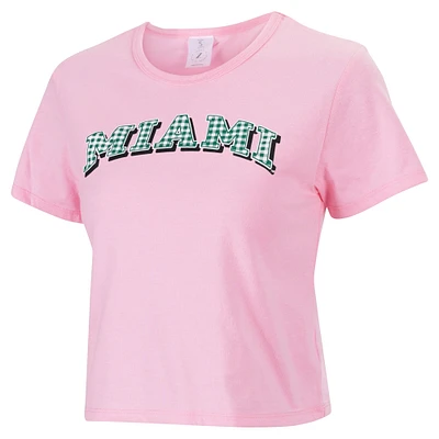 Women's ZooZatz Pink Miami Hurricanes Gingham Logo Cropped T-Shirt