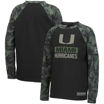 Miami Hurricanes Colosseum Youth OHT Military Appreciation Raglan Long Sleeve T-Shirt - Black/Camo