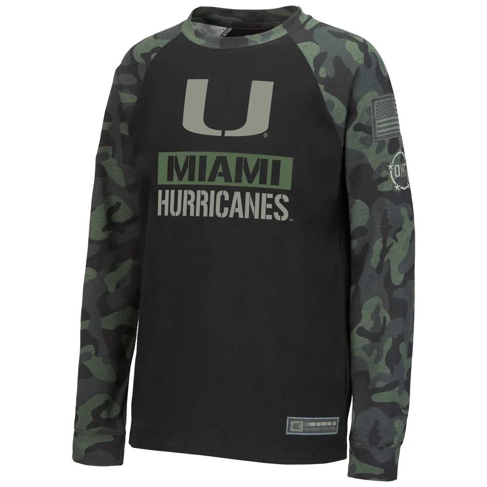 Youth Colosseum Black/Camo Miami Hurricanes OHT Military Appreciation Raglan T-shirt à manches longues