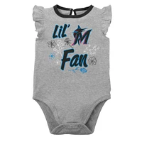 Lot de deux bodys Miami Marlins Little Fan noirs/gris chinés pour nouveau-nés et bébés filles