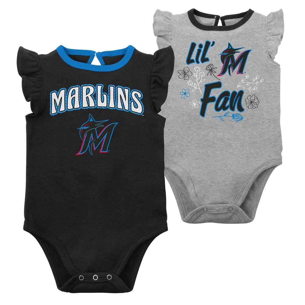 Lot de deux bodys Miami Marlins Little Fan noirs/gris chinés pour nouveau-nés et bébés filles