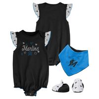 Girls Newborn & Infant Black Miami Marlins 3-Piece Home Plate Bodysuit Bib Booties Set