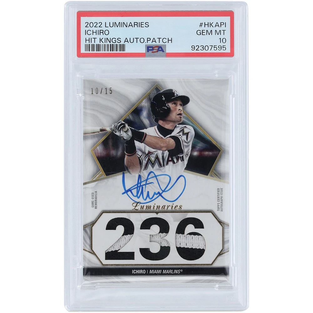 Carte relique autographiée par Ichiro Suzuki des Marlins de Miami, Topps Luminaries 2022, Triple Game Used #HKAP-I #10/15, PSA, 10 cartes authentifiées