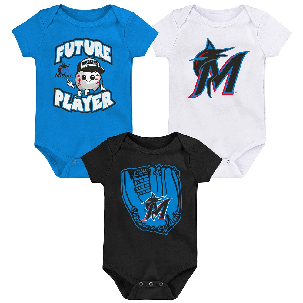 Lot de trois bodys pour bébés Miami Marlins Minor League Player bleu/noir/blanc