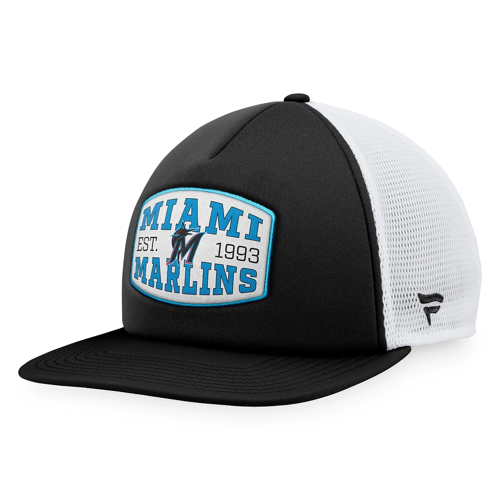 Casquette Snapback de camionneur noire Fanatics Miami Marlins en mousse avec patch sur le devant pour hommes