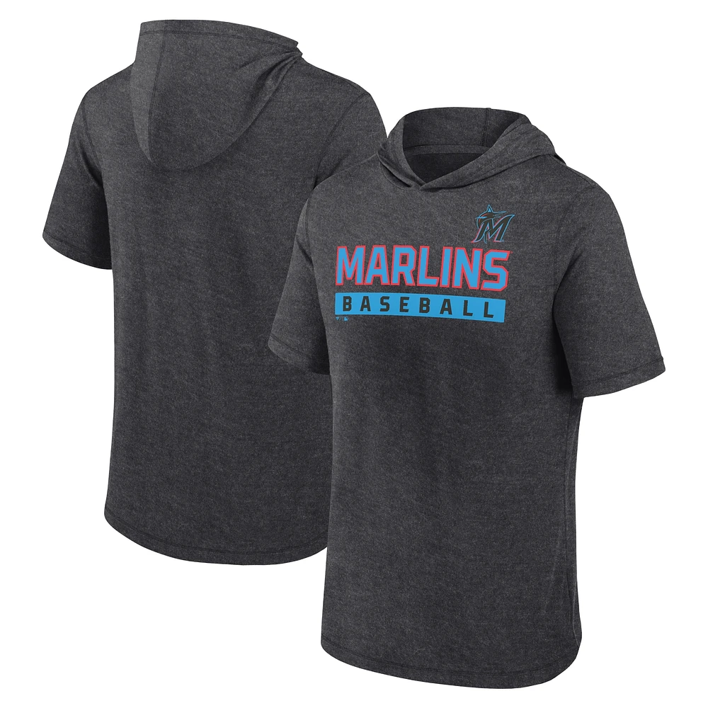 Men's Fanatics Heather Charcoal Miami Marlins Push Short Sleeve Pullover Hoodie