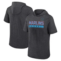 Men's Fanatics Heather Charcoal Miami Marlins Push Short Sleeve Pullover Hoodie