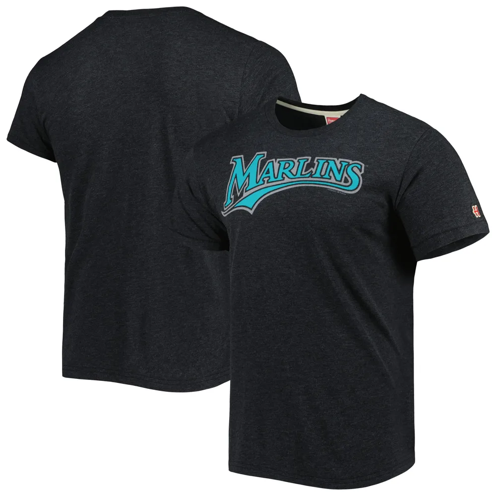 T-shirt à trois mélanges logo dessiné la main Miami Marlins Homage Charcoal pour homme