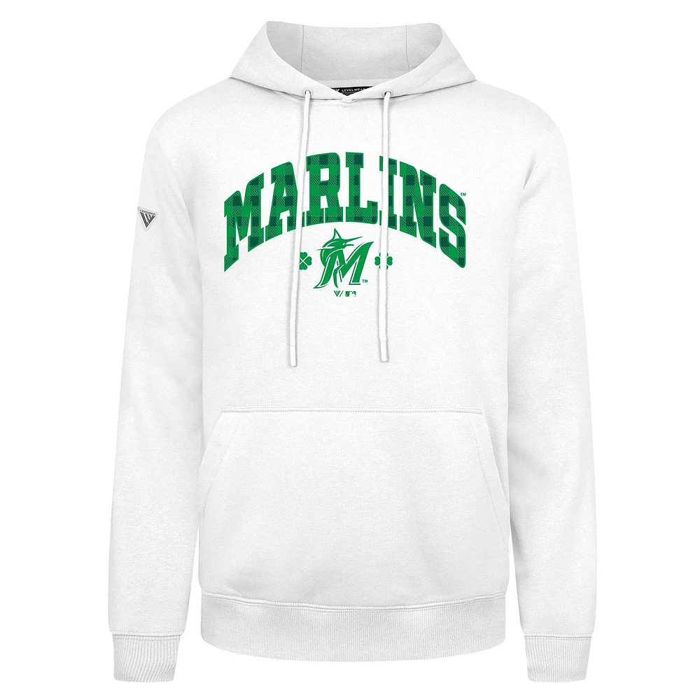 Men's Levelwear  White Miami Marlins St. Patrick's Day Podium Plaid Pullover Hoodie