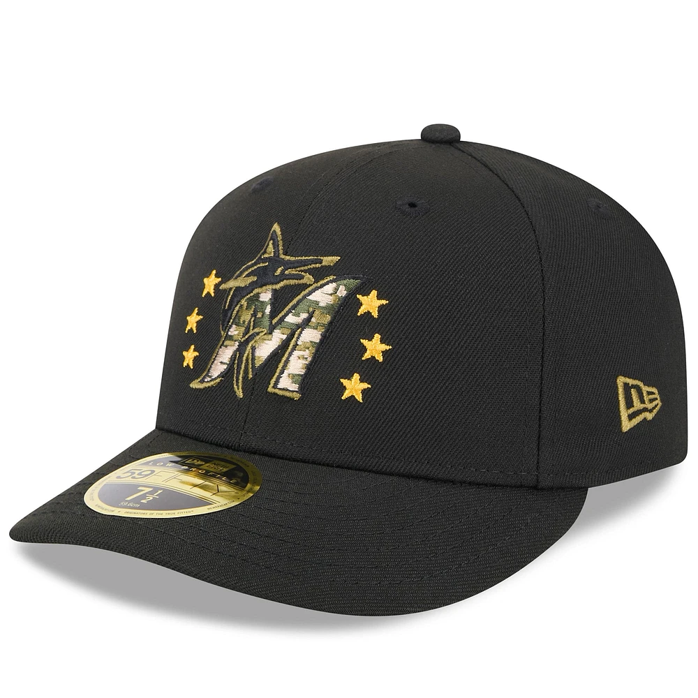 Casquette ajustée 59FIFTY à profil bas pour la Journée des forces armées 2024 de Miami Marlins New Era noire hommes