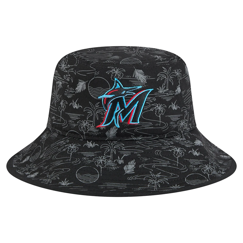 Bob New Era noir à imprimé intégral pour homme, Miami Marlins 2025, entraînement de printemps