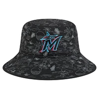 Bob New Era noir à imprimé intégral pour homme, Miami Marlins 2025, entraînement de printemps