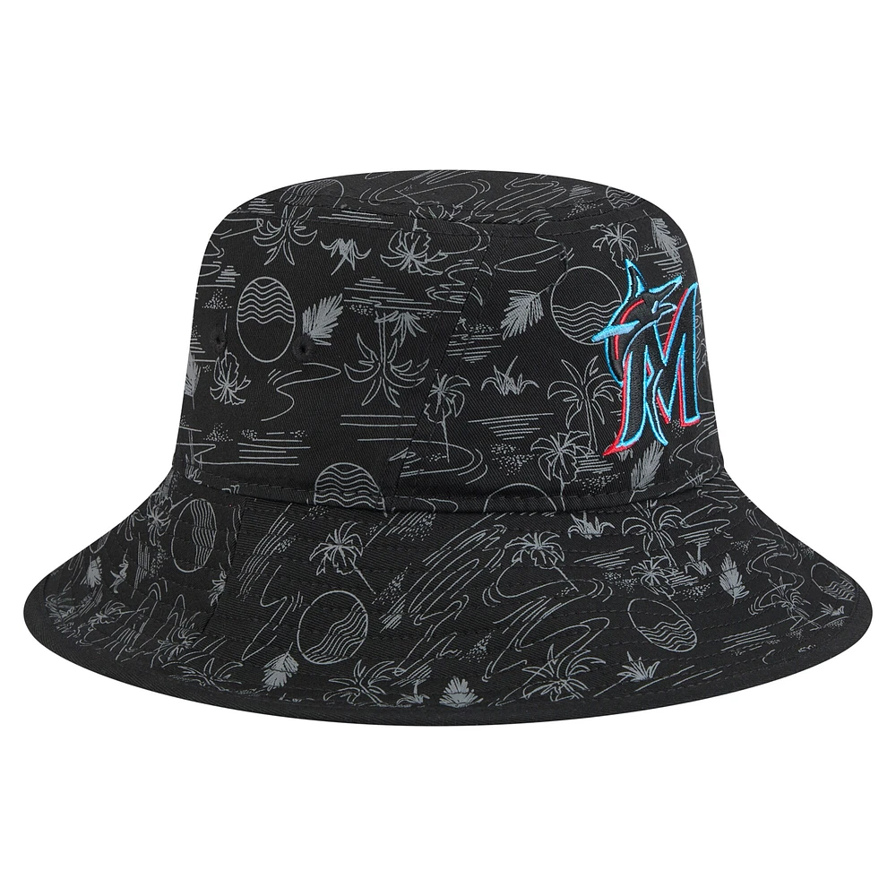 Bob New Era noir à imprimé intégral pour homme, Miami Marlins 2025, entraînement de printemps