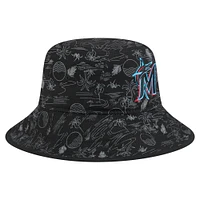 Bob New Era noir à imprimé intégral pour homme, Miami Marlins 2025, entraînement de printemps