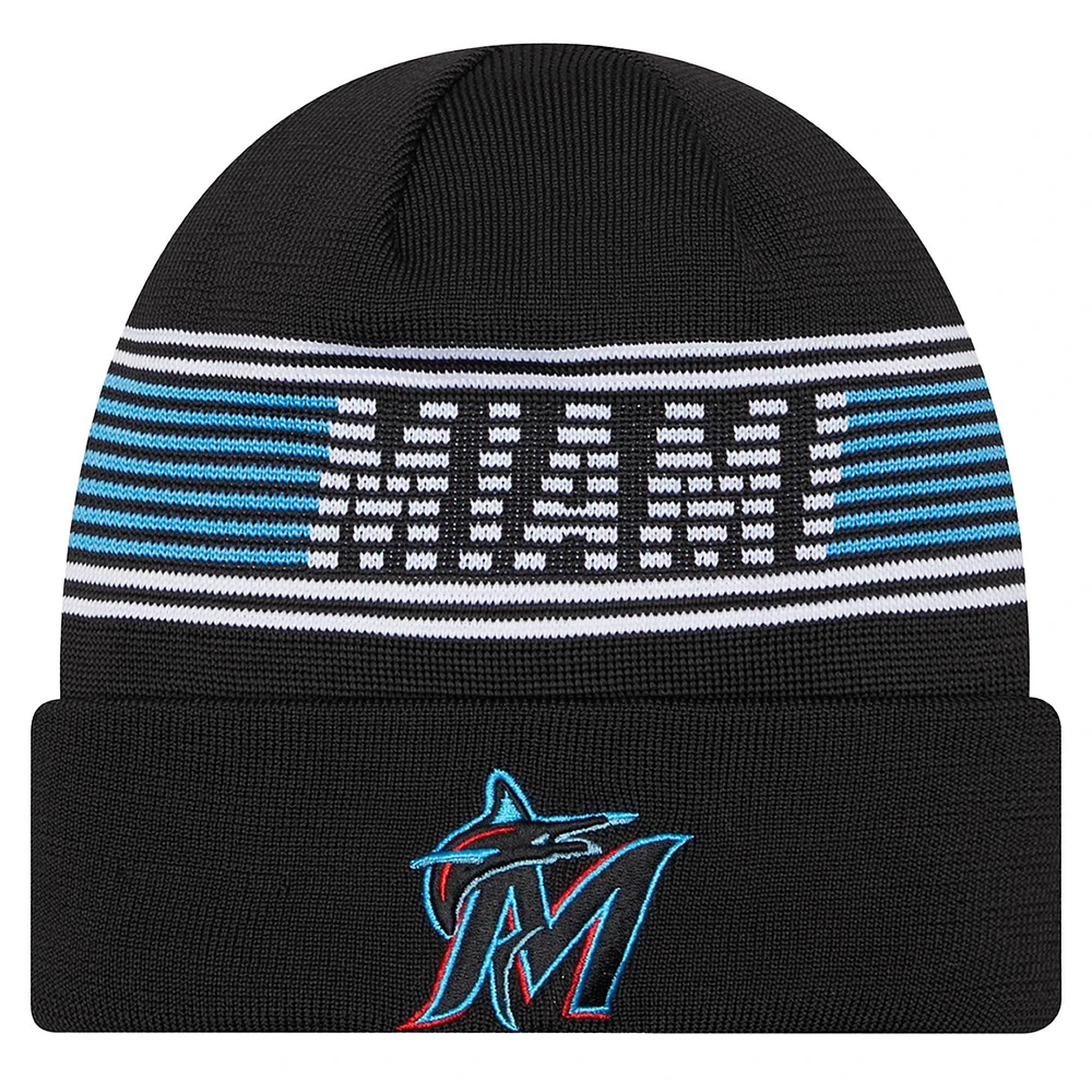 Bonnet en tricot à revers noir pour homme de la collection Authentic Miami Marlins de New Era