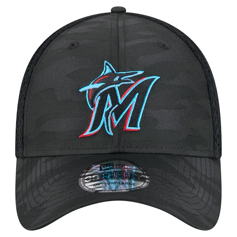 Casquette New Era 39THIRTY Flex noire à motif camouflage subtil des Miami Marlins pour homme