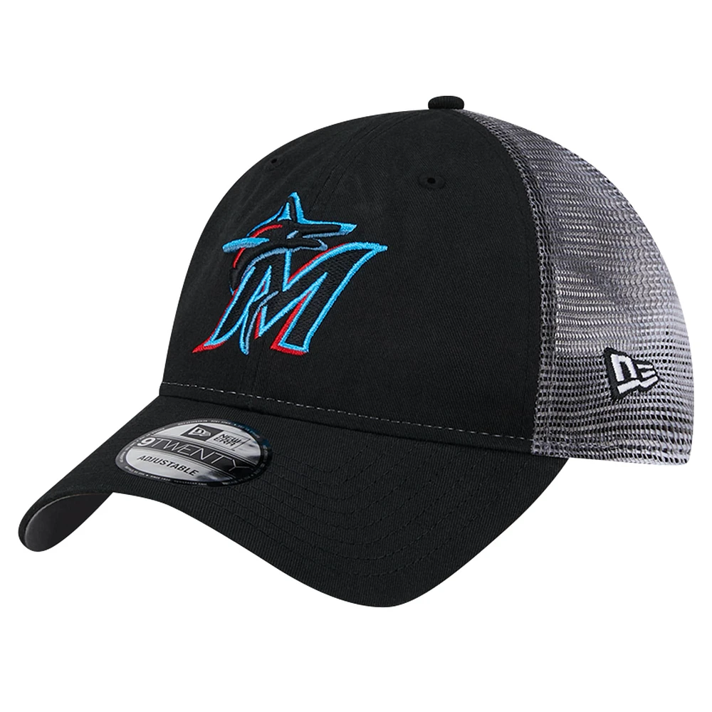 Casquette réglable noire Miami Marlins Team Slick Trucker 9TWENTY New Era pour hommes