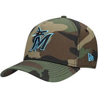 Men's New Era Camo Miami Marlins Woodland Team Pop 9FORTY A-Frame Adjustable Hat