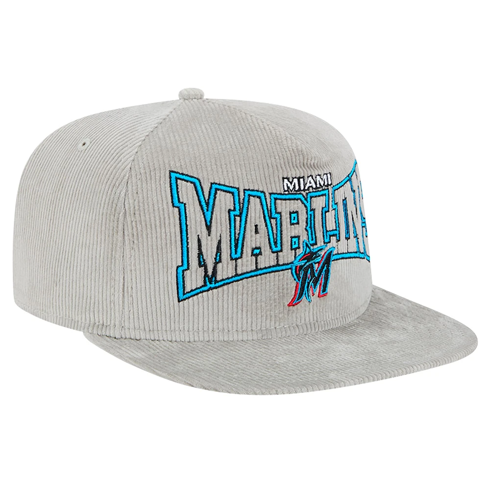 Casquette de golf à visière snapback en velours côtelé Miami Marlins grise New Era pour homme