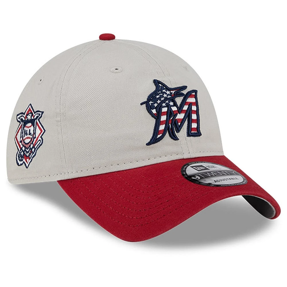 Casquette réglable New Era kaki/rouge Miami Marlins 2024 4 juillet 9TWENTY pour hommes