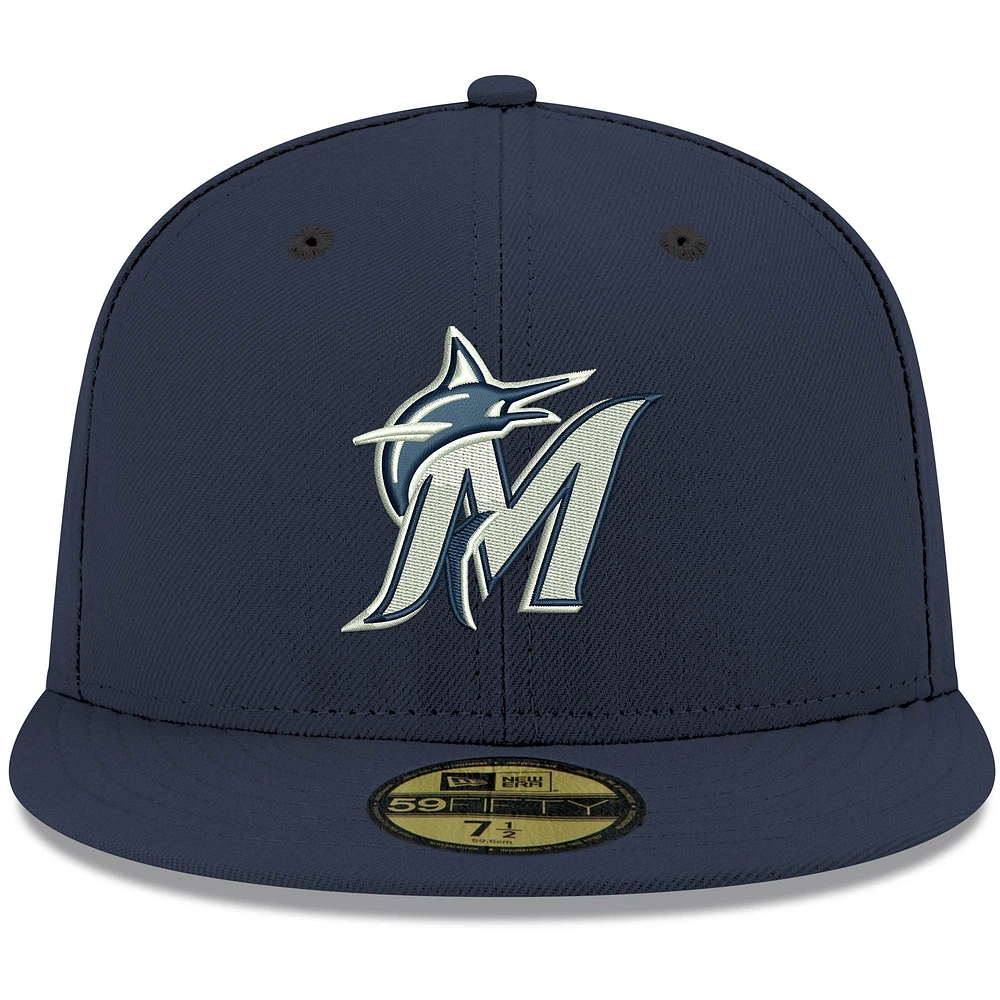 Men's New Era Navy Miami Marlins White Logo 59FIFTY Fitted Hat