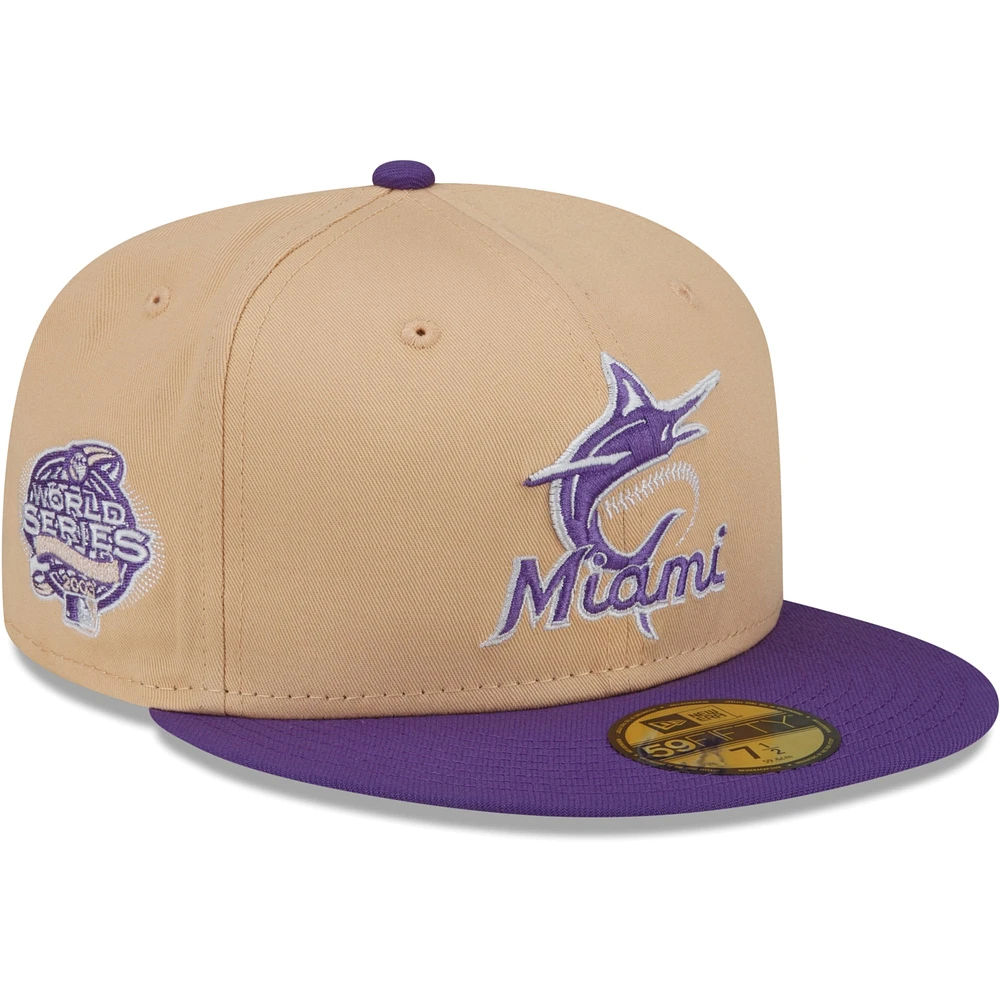 Casquette ajustée 59FIFTY pour homme New Era pêche/violet Miami Marlins 2003 World Series Side Patch