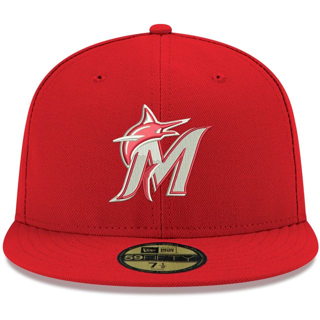 Casquette ajustée 59FIFTY blanche avec logo Miami Marlins New Era pour homme, rouge