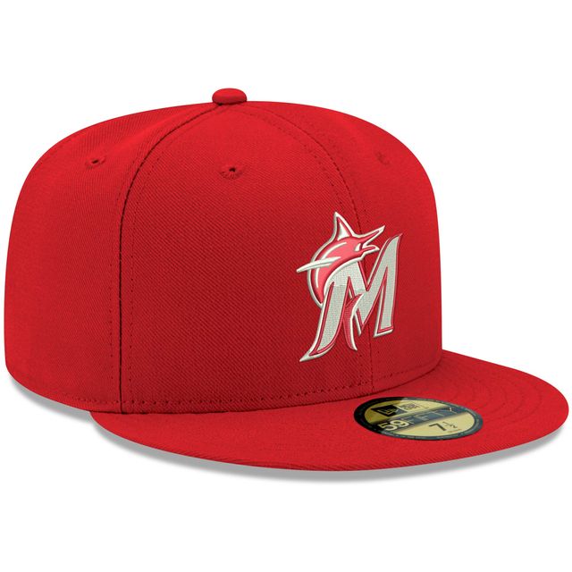 Casquette ajustée 59FIFTY blanche avec logo Miami Marlins New Era pour homme, rouge